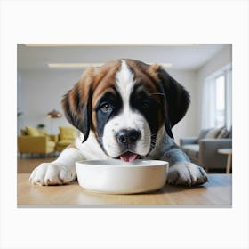 St. Bernard Puppy eating from a bowl 3 Canvas Print