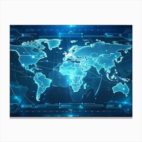 A World Map Displayed On A Dark Blue Futuristic Hud (Heads Up Display) Interface With Glowing Lines, Data Points, And Digital Elements Canvas Print