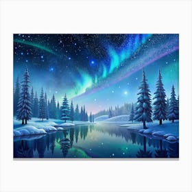 Winter Wonderland: A Tranquil Forest Scene With A Frozen Lake And Aurora Borealis Canvas Print