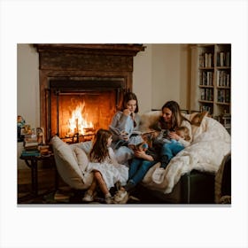 Cozy Room Interior In A Norman Rockwell Painting Style Family Of Four Engaged In A Shared Reading M (1) Canvas Print