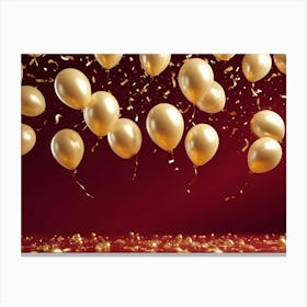 A Celebratory Scene With A Mix Of Gold Balloons Floating Against A Red Background Canvas Print