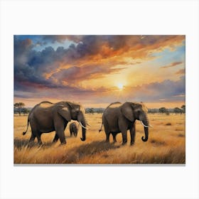 Elephants At Sunset Golden Grasses, Endless Skies Canvas Print