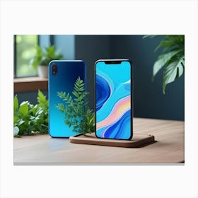 Two Smartphones, One With A Blue Back And The Other With A Colorful Abstract Screen, Are Displayed On A Wooden Table With A Leafy Plant In The Foreground Canvas Print