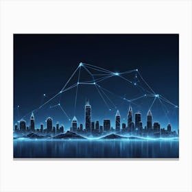 An Abstract Image Of A City Skyline With A Network Of Glowing Blue Lines Connecting The Buildings, Resembling A Futuristic, Connected City 1 Canvas Print