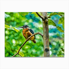 Kingfisher on a Branch. This image depicts a vibrant kingfisher perched on a branch amidst lush green foliage. The bird's striking colors, with a mix of blue, orange, and white, stand out against the blurred, green background, creating a beautiful contrast. The scene captures the serene and natural beauty of the bird in its habitat. Canvas Print