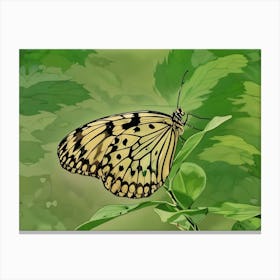 Paper Kite Butterfly in a Green Haven. A graceful paper kite butterfly rests delicately on a leaf, showcasing its elegant black-and-white patterned wings. The serene green background enhances the butterfly's intricate design, creating a tranquil natural scene. Canvas Print