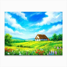 A Traditional Countryside Cottage Basking In The Gentle Embrace Of The Sun Surrounded By A Quilt Of Canvas Print