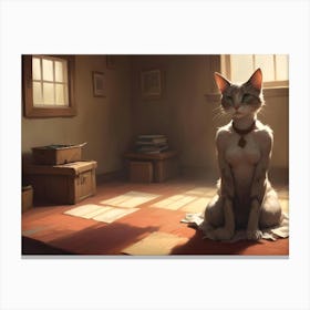 A Grey Cat With Green Eyes Sits On A Rustic Floor In A Cozy Room With A Window And Sunlight, Creating A Peaceful And Serene Atmosphere Canvas Print