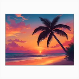 A Tranquil Beach At Sunset Horizontal Illustration 49 Canvas Print