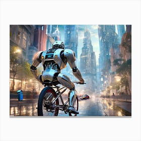 Robot Cycling Through The City Canvas Print