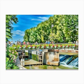 Canal du Midi in Narbonne during Spring. This image shows a picturesque scene of people gathered on a flower-adorned bridge over a small waterway with a gentle waterfall. The bridge is surrounded by vibrant greenery, with tall trees and lush plants. The bright blue sky and cheerful atmosphere suggest a pleasant, sunny day in a park or garden setting. Canvas Print