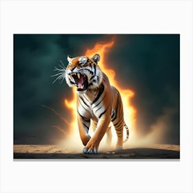 A Tiger Roaring With Flames Behind It, Standing On A Sandy Ground With Smoke And Dust Canvas Print