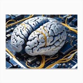 Human Brain Intricately Connected To A Circuit Board With Yellow Wires, Symbolizing Artificial Intelligence And Neural Networks Canvas Print