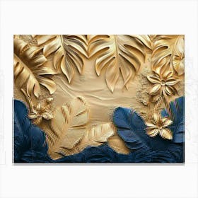 3d Tropical Leaves Art Background Golden Canvas Print