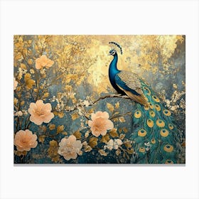 Exquisite Vintage Artistic Background With Abstract Illustrations, Floral Elements, Peacocks And Gold Accents Canvas Print