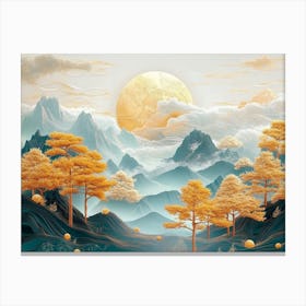 3d Modern Art Landscape Moon, Golden Christmas Trees, Colorful Mountains Canvas Print