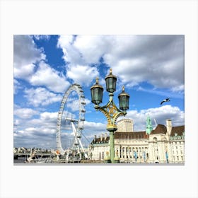 London Eye, Street Lamp, And Bird (UK Series) Canvas Print