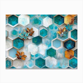 Turquoise And Blue Elements Blend With White Lattice And Brown Hexagons Abstract Canvas Print