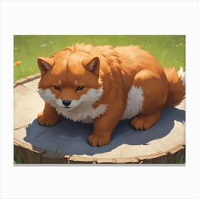 A Cute, Cartoonish Fox With Fluffy Orange Fur And White Markings Sitting On A Tree Stump In A Grassy Field Canvas Print