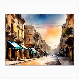 Watercolor Of A Mediterranean City Street Canvas Print