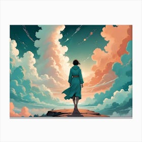 A Woman In A Blue Robe Stands On A Clifftop Overlooking A Vast, Dreamy Landscape Of Colorful Clouds And A Setting Sun Canvas Print