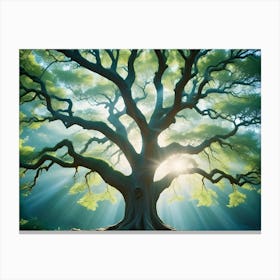 A Large, Majestic Tree With Spreading Branches Reaching Towards A Bright Sun Shining Through The Leaves, Creating A Dramatic Scene Canvas Print