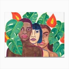 Three Women With Leaves Canvas Print