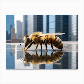 A Realistic Honeybee With Its Reflection Visible On A Wet, Reflective Surface Canvas Print