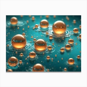 Close Up Of Reflective, Golden Spheres Floating On A Turquoise Liquid Surface, With Small Droplets Surrounding Them Canvas Print