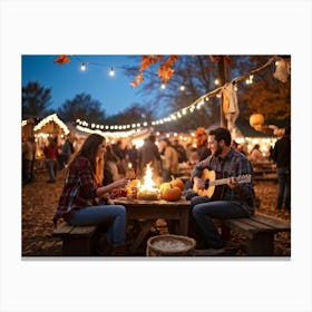 Autumn Festival Illuminated By String Lights Rustic Decorations Such As Dried Corn Husks Pumpkin A Canvas Print