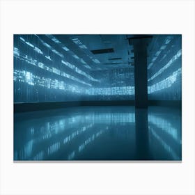 A Dark, Futuristic Room With Glowing Blue Lines And A Reflective Floor Canvas Print