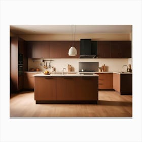 A Modern Kitchen With Brown Cabinets, A White Countertop, And A Wooden Floor Canvas Print