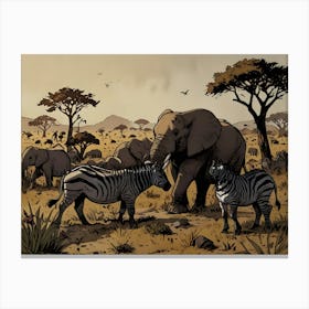 Zebras And Elephants Canvas Print