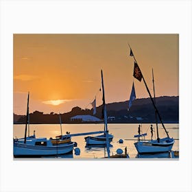 Sunset Harbor in Var Riviera. A picturesque scene of a harbor at sunset, with several sailboats docked along a rocky pier. The sky is ablaze with vibrant orange and red hues, with the sun partially obscured by clouds on the horizon. The water reflects the warm colors of the sky, creating a serene and tranquil atmosphere. The sailboats are silhouetted against the sunset, their masts reaching towards the sky. 1 Canvas Print