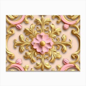 Seamless Relief Sculpture Pattern Gold Round Curve Cross Frame Pink Flower Plant Kaleidoscope Painting Canvas Print