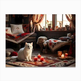 White Cat In A Room With Candles Canvas Print