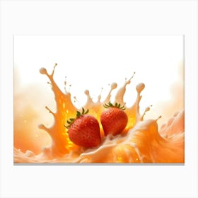 A Vibrant Image Of Two Strawberries Submerged In A Creamy, Orange Splash, Creating A Dynamic And Delicious Scene Canvas Print