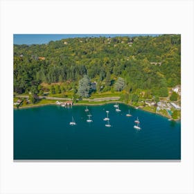 Yachts and boats on the lake. Summer sunny day in Italy. Aerial photography. Canvas Print