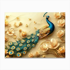 3d Peacock Illustration Background With Golden Jewelry And Flowers 2 Canvas Print