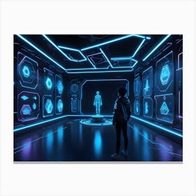 A Young Person Stands In A Futuristic, Blue Lit Room, Surrounded By Digital Screens Displaying Various Data And Symbols Canvas Print