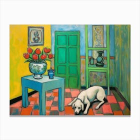 Dog in Green Yellow Room. Retro Oil Henry Matisse Style Interior Painting Canvas Print