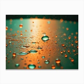 Close Up Shot Of Water Droplets On An Orange And Green Surface Canvas Print