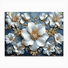 Majestic 3d White And Blue Tones, Golden Jewelry, Floral Motifs Canvas Print