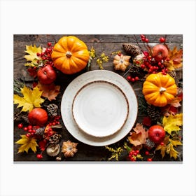 Autumn Themed Table Decor Featuring An Assortment Of Yellow And Orange Leaves Acorns Amidst A Garde (1) Canvas Print