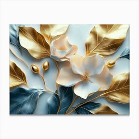 Gold And Blue Magnolia Leaves Canvas Print