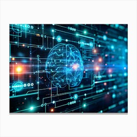 Digital Illustration Of A Human Brain With Circuit Board Patterns And Glowing Lines Canvas Print