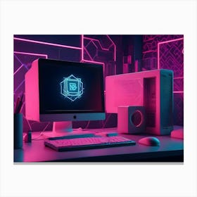 A 3d Rendered Image Of A Modern, Minimalist Workspace With A Computer Setup Bathed In Pink And Blue Neon Lights Canvas Print