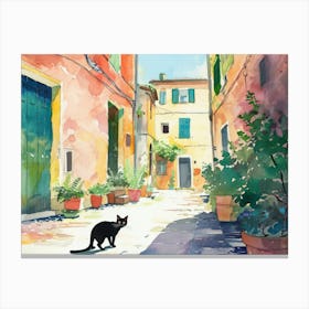Black Cat In Rimini, Italy, Street Art Watercolour Painting 1 Canvas Print