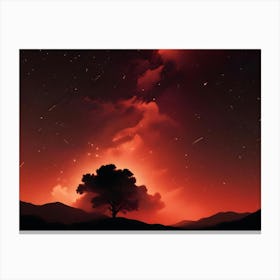 Silhouette Of A Solitary Tree On A Hill Against A Dramatic, Red Night Sky With Shooting Stars, Evoking A Sense Of Mystery, Awe, And The Vastness Of The Universe Canvas Print