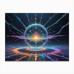 A Glowing Orb, Bursting With Energy And Interconnected By Colorful Tendrils, Hovers Above A Circular Platform Canvas Print